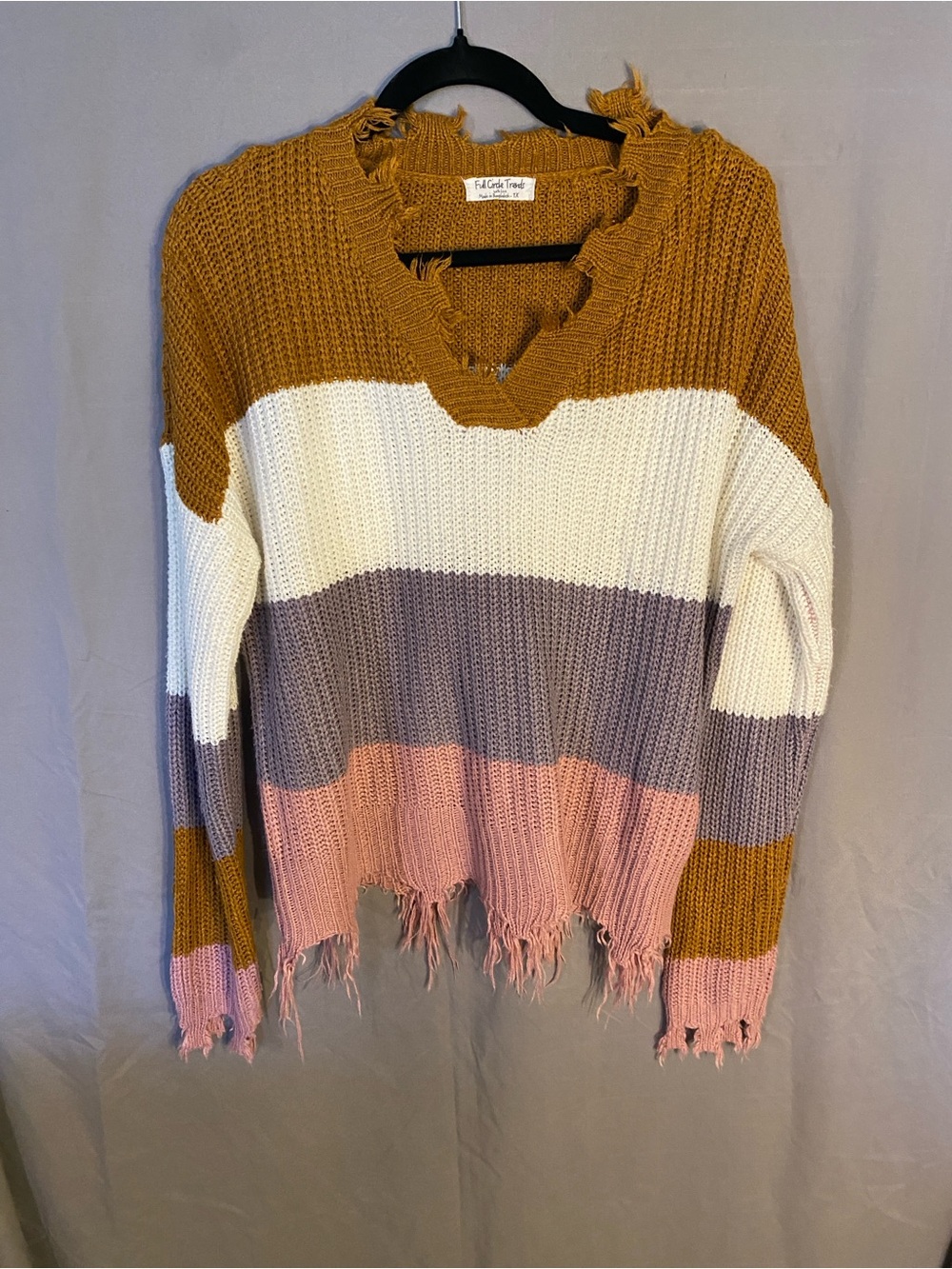 Striped Distressed V-Neck Sweater in Mustard, Cream & Dusty Pink